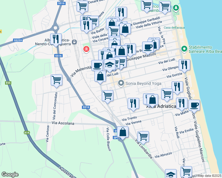map of restaurants, bars, coffee shops, grocery stores, and more near 36 Via Gorizia in Alba Adriatica