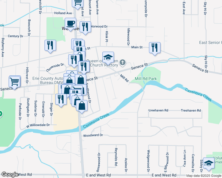 map of restaurants, bars, coffee shops, grocery stores, and more near 40 Eastwood Drive in Buffalo