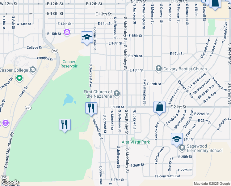 map of restaurants, bars, coffee shops, grocery stores, and more near 844 East 20th Street in Casper