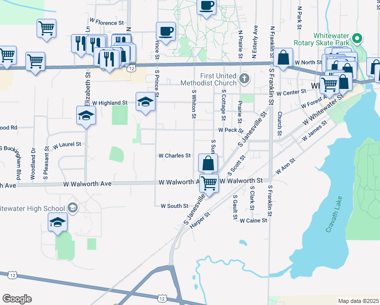 map of restaurants, bars, coffee shops, grocery stores, and more near 348 South Whiton Street in Whitewater