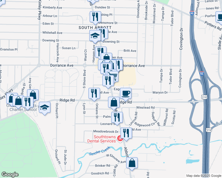 map of restaurants, bars, coffee shops, grocery stores, and more near Abbott Road & Eagan Drive in Buffalo