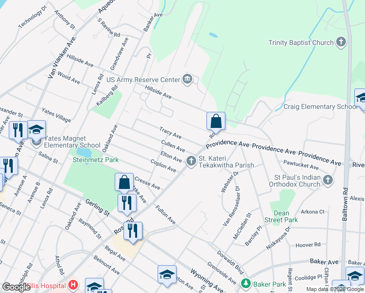map of restaurants, bars, coffee shops, grocery stores, and more near 1355 Cullen Avenue in Schenectady