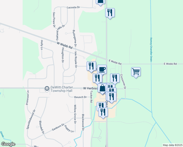 map of restaurants, bars, coffee shops, grocery stores, and more near 12900 South US Highway 27 in DeWitt