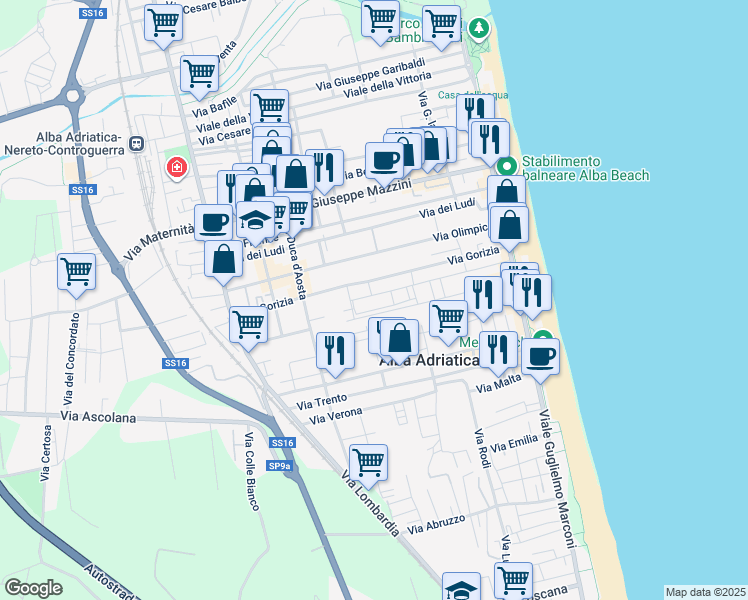 map of restaurants, bars, coffee shops, grocery stores, and more near 23a Via Piacenza in Alba Adriatica