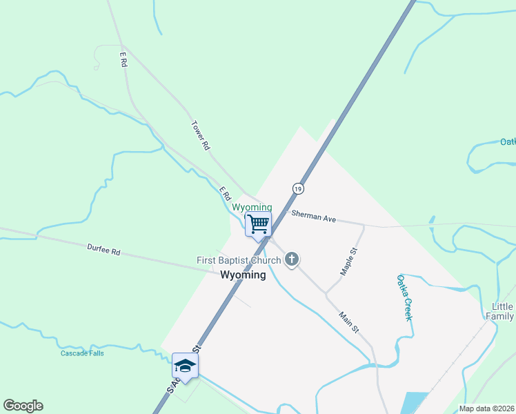 map of restaurants, bars, coffee shops, grocery stores, and more near 13 Tower Road in Wyoming