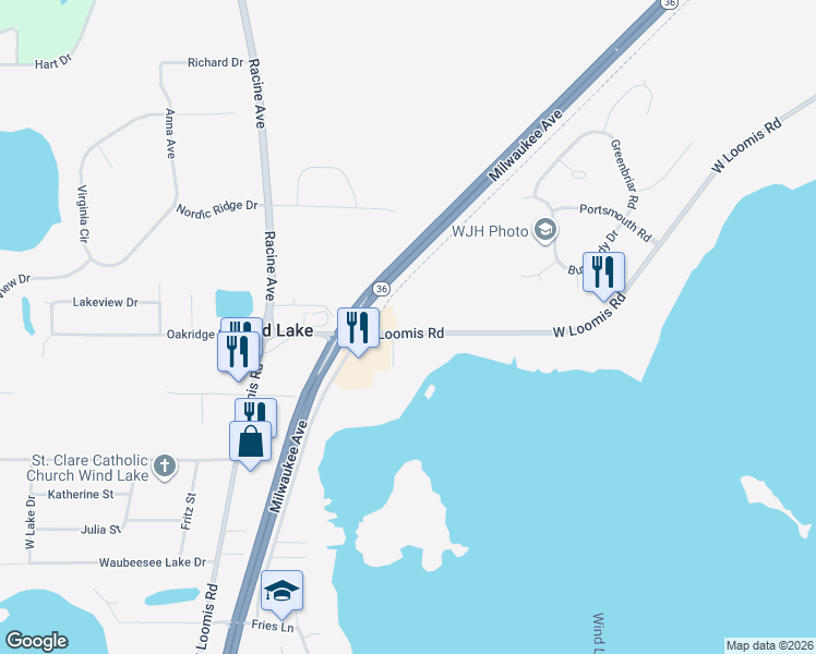 map of restaurants, bars, coffee shops, grocery stores, and more near 26148 West Loomis Road in Wind Lake