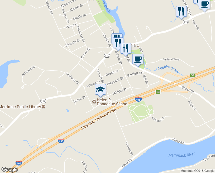 map of restaurants, bars, coffee shops, grocery stores, and more near 22 Pleasant Street in Merrimac