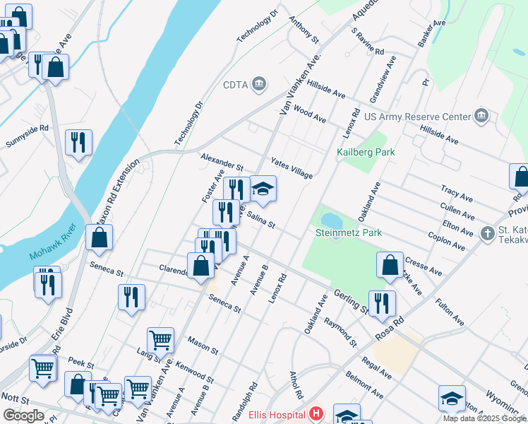 map of restaurants, bars, coffee shops, grocery stores, and more near 725 Salina Street in Schenectady