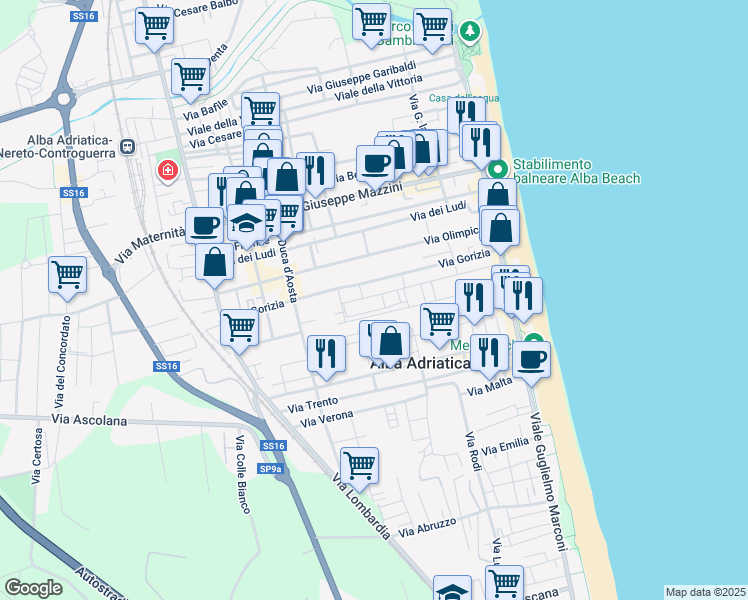 map of restaurants, bars, coffee shops, grocery stores, and more near 23a Via Piacenza in Alba Adriatica