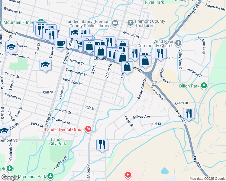 map of restaurants, bars, coffee shops, grocery stores, and more near 130 Popo Agie Street in Lander