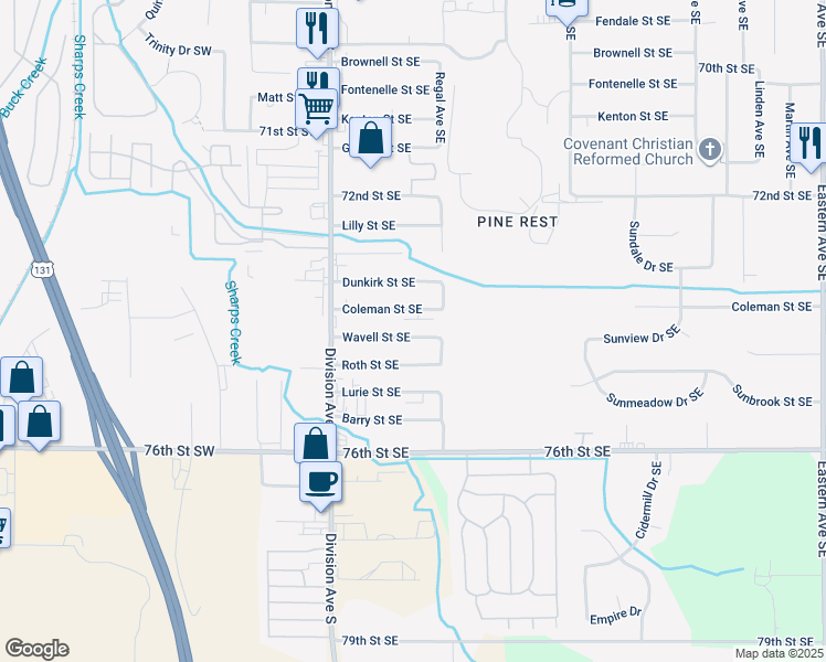 map of restaurants, bars, coffee shops, grocery stores, and more near 129 Wavell Street Southeast in Grand Rapids