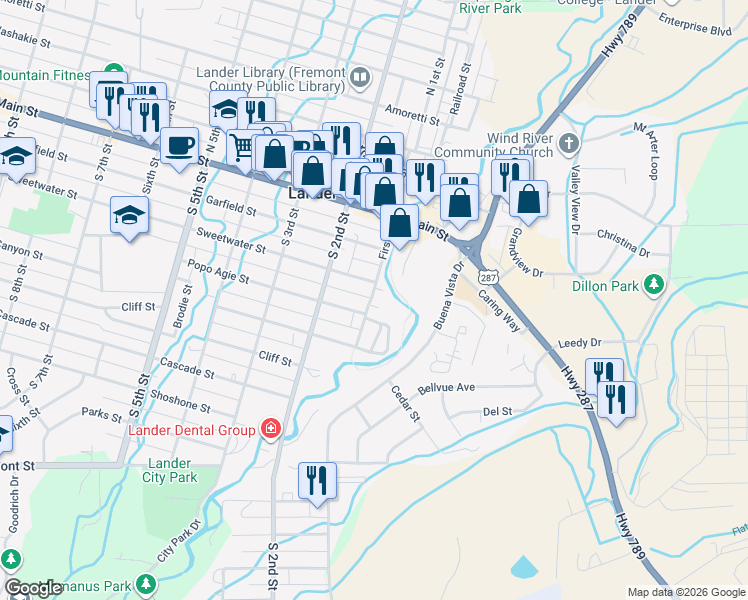 map of restaurants, bars, coffee shops, grocery stores, and more near 350 South 1st Street in Lander