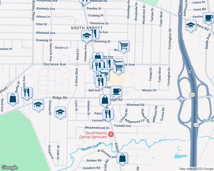 map of restaurants, bars, coffee shops, grocery stores, and more near 24 Eagan Drive in Buffalo