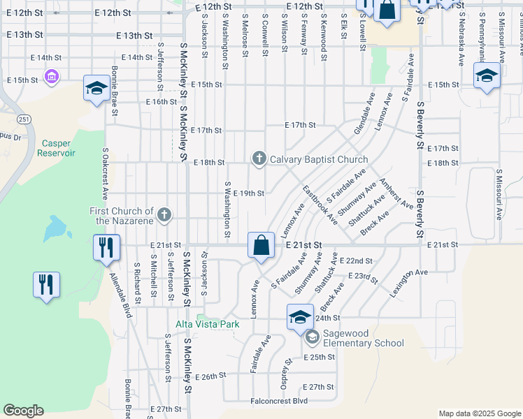 map of restaurants, bars, coffee shops, grocery stores, and more near 1934 South Conwell Street in Casper