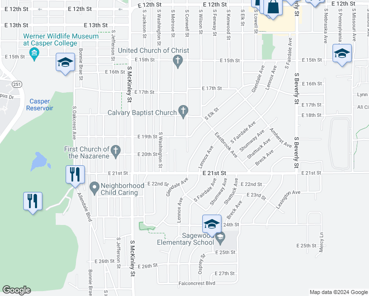 map of restaurants, bars, coffee shops, grocery stores, and more near 1932 South Conwell Street in Casper