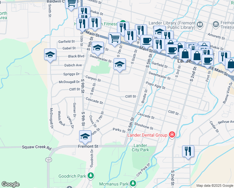 map of restaurants, bars, coffee shops, grocery stores, and more near 590-598 Cliff St in Lander