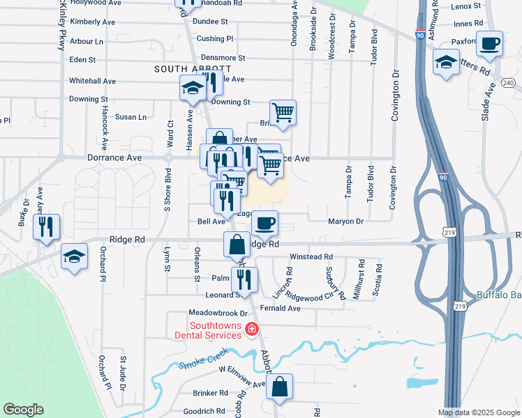 map of restaurants, bars, coffee shops, grocery stores, and more near 62 Eagan Drive in Buffalo