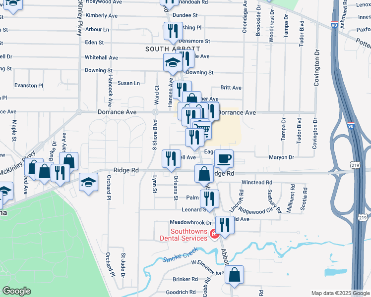 map of restaurants, bars, coffee shops, grocery stores, and more near 46 Bell Avenue in Lackawanna