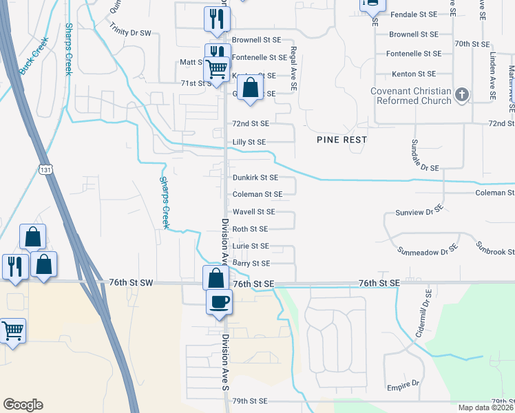 map of restaurants, bars, coffee shops, grocery stores, and more near 54 Wavell Street Southeast in Kentwood
