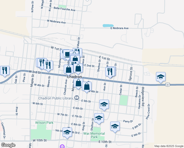 map of restaurants, bars, coffee shops, grocery stores, and more near 228-298 King St in Chadron