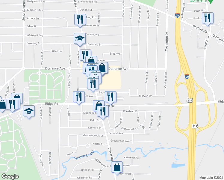 map of restaurants, bars, coffee shops, grocery stores, and more near 62 Eagan Drive in Buffalo