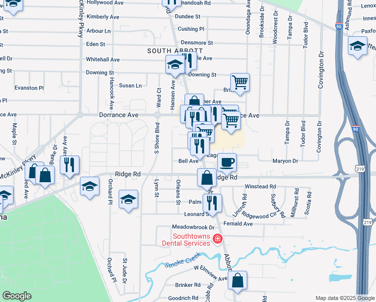 map of restaurants, bars, coffee shops, grocery stores, and more near 46 Bell Avenue in Lackawanna