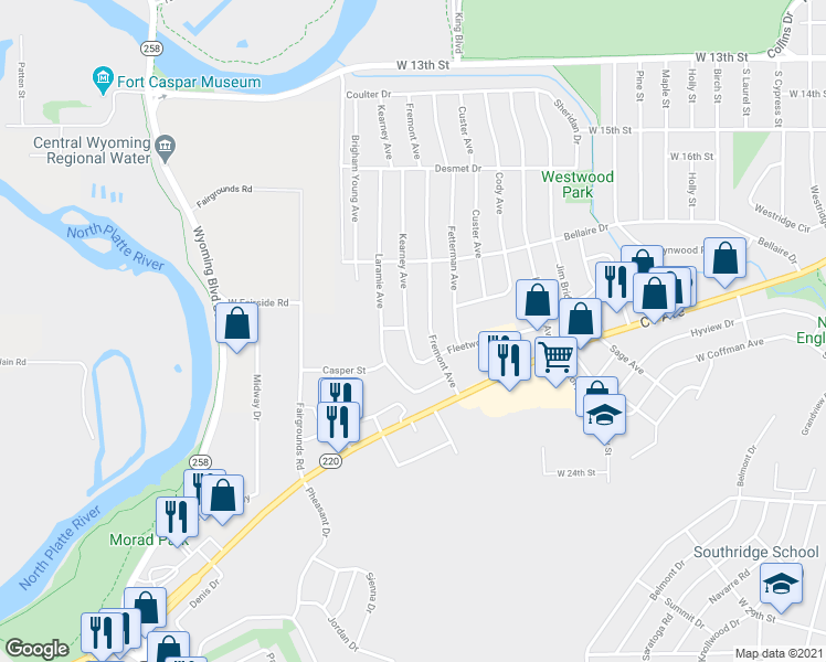 map of restaurants, bars, coffee shops, grocery stores, and more near 1905 Kearney Avenue in Casper