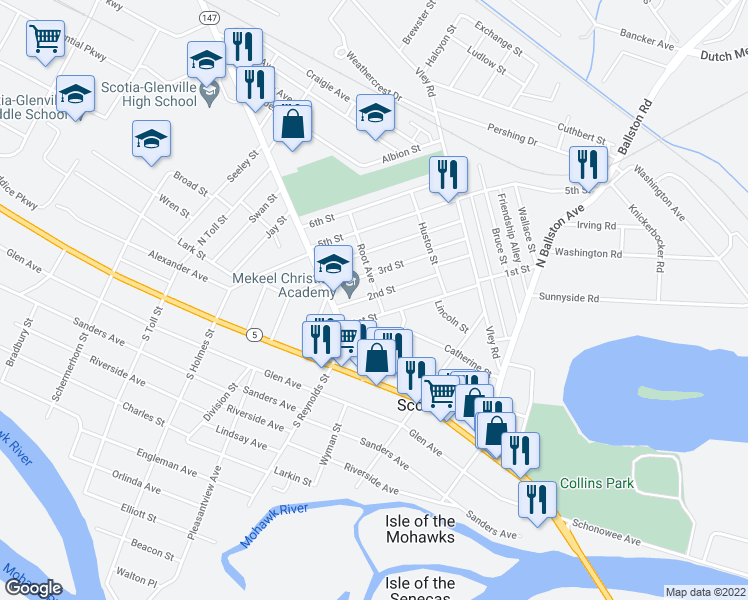 map of restaurants, bars, coffee shops, grocery stores, and more near 301 2nd Street in Scotia