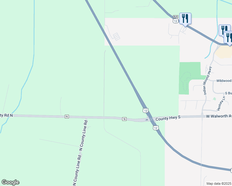 map of restaurants, bars, coffee shops, grocery stores, and more near N9334 Warner Road in Whitewater