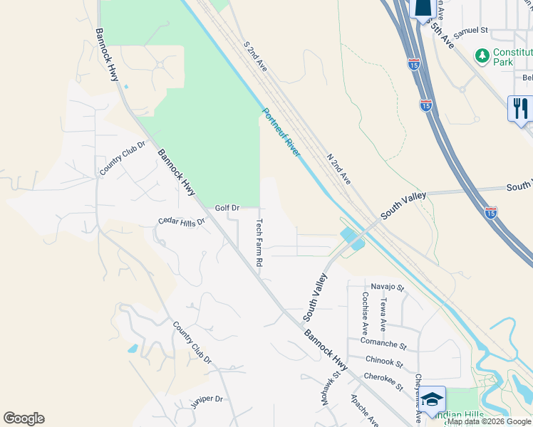 map of restaurants, bars, coffee shops, grocery stores, and more near 4044 Tech Farm Road in Pocatello