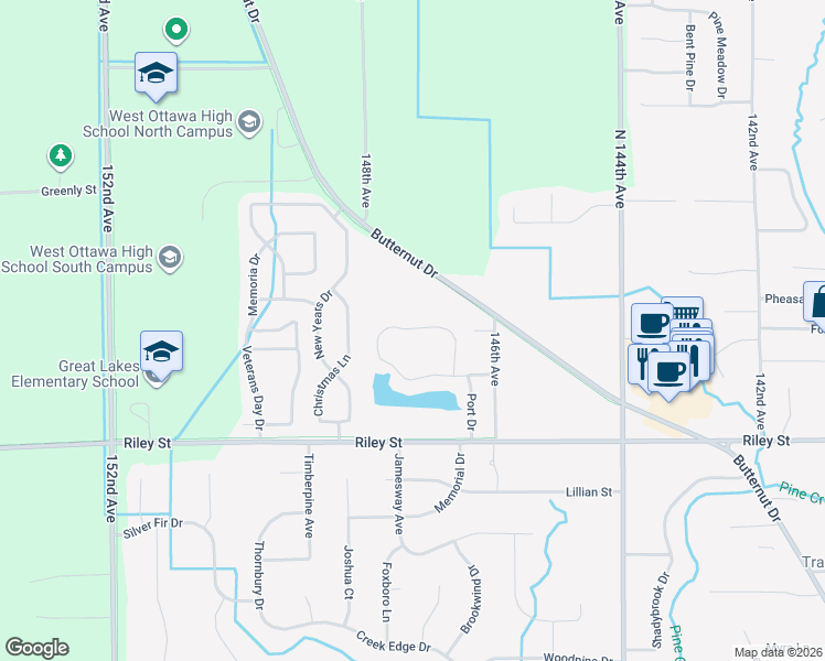 map of restaurants, bars, coffee shops, grocery stores, and more near 14834 Anchor Court in Holland
