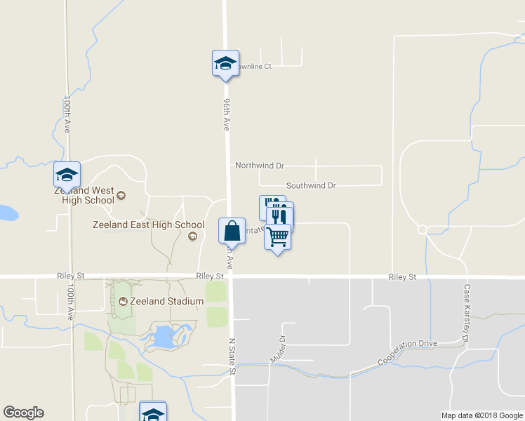 map of restaurants, bars, coffee shops, grocery stores, and more near 9517 Pentatech Drive in Zeeland