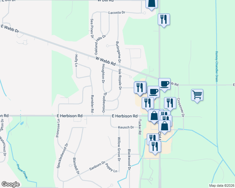 map of restaurants, bars, coffee shops, grocery stores, and more near 12840 Isle Royale Drive in DeWitt