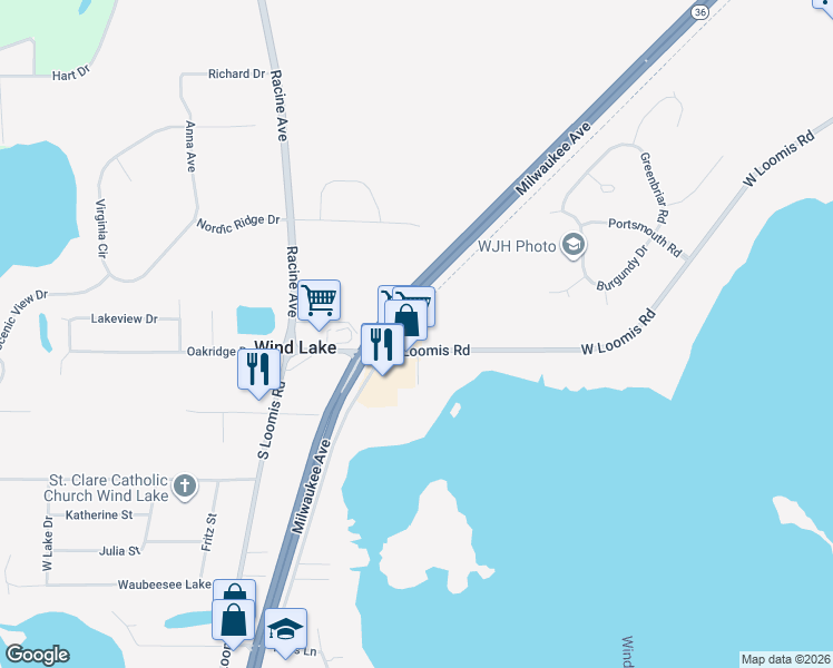 map of restaurants, bars, coffee shops, grocery stores, and more near 26148 West Loomis Road in Wind Lake