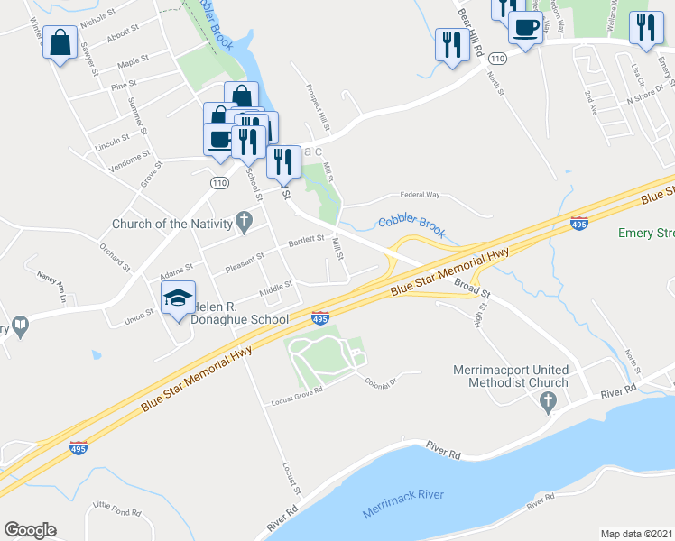 map of restaurants, bars, coffee shops, grocery stores, and more near 99 Mill Street in Merrimac