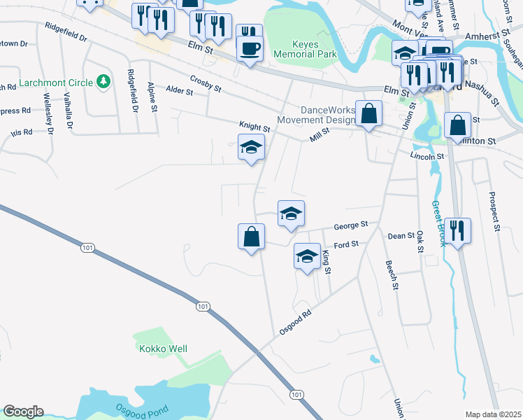 map of restaurants, bars, coffee shops, grocery stores, and more near 90 West Street in Milford