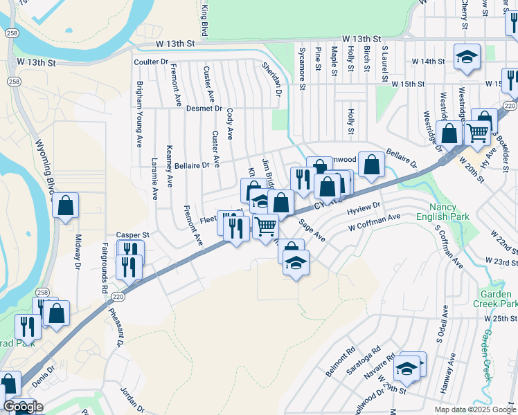 map of restaurants, bars, coffee shops, grocery stores, and more near 2501 Fleetwood Place in Casper