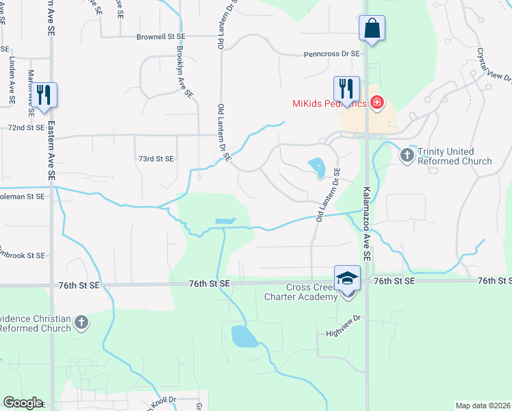 map of restaurants, bars, coffee shops, grocery stores, and more near 7385 Heather Ridge Court Southeast in Caledonia