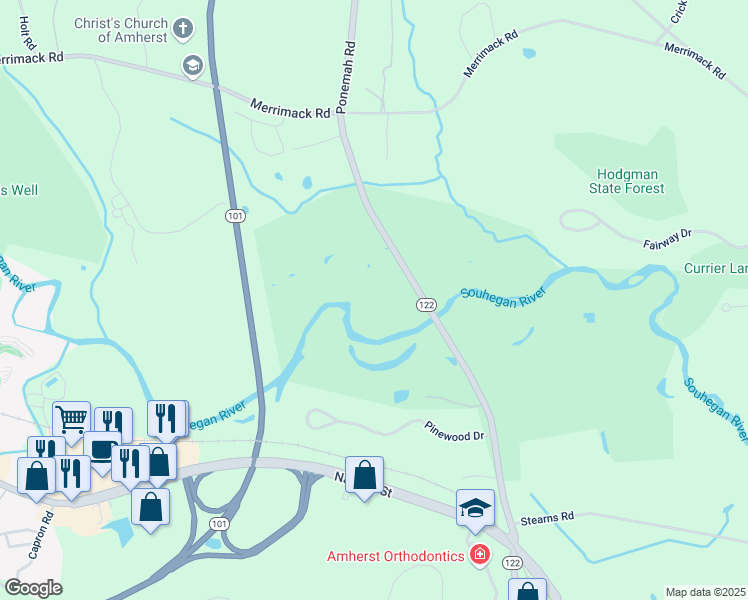 map of restaurants, bars, coffee shops, grocery stores, and more near 12 Morning Lane in Amherst