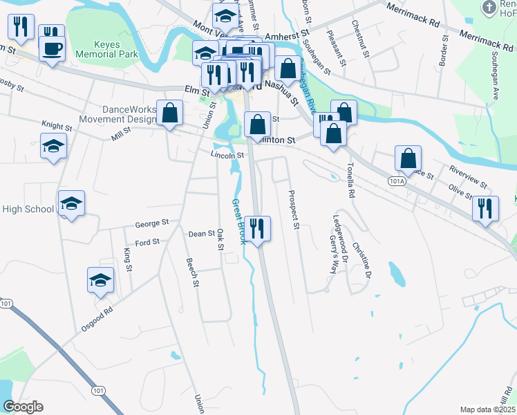 map of restaurants, bars, coffee shops, grocery stores, and more near 221 South Street in Milford