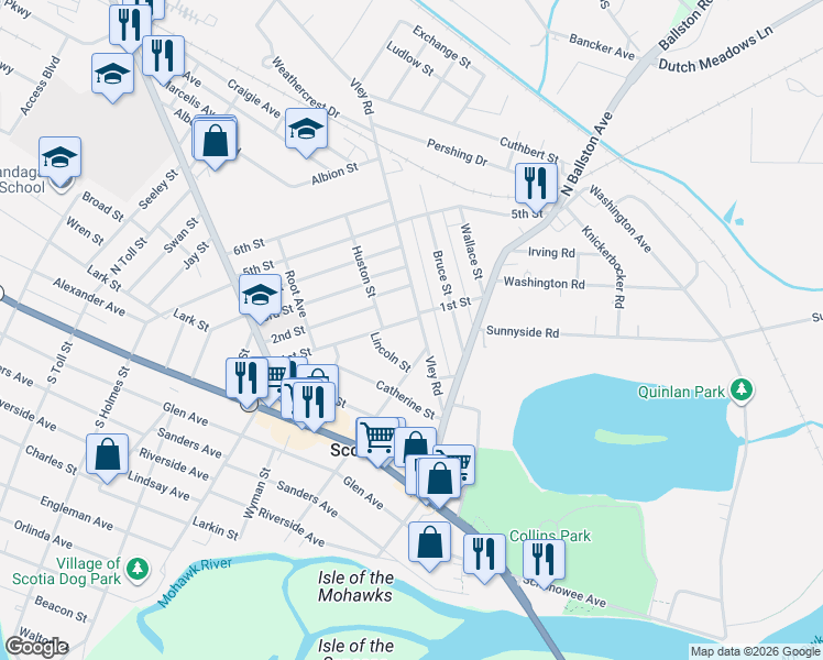 map of restaurants, bars, coffee shops, grocery stores, and more near 25 Vley Road in Scotia