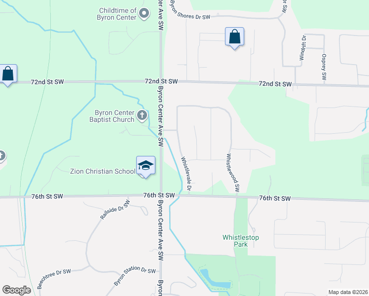 map of restaurants, bars, coffee shops, grocery stores, and more near 7443 Whistlehill Court Southwest in Byron Center