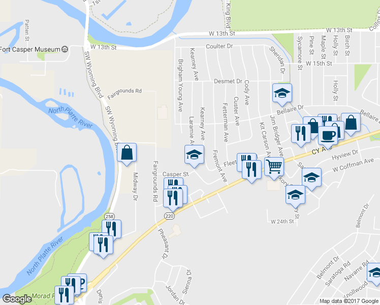 map of restaurants, bars, coffee shops, grocery stores, and more near 1854 Laramie Avenue in Casper