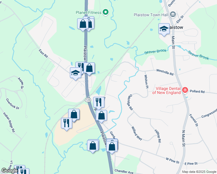 map of restaurants, bars, coffee shops, grocery stores, and more near 54 Westville Road in Plaistow