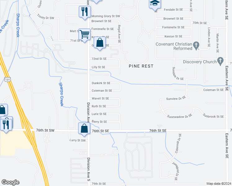 map of restaurants, bars, coffee shops, grocery stores, and more near 129 Wavell Street Southeast in Grand Rapids