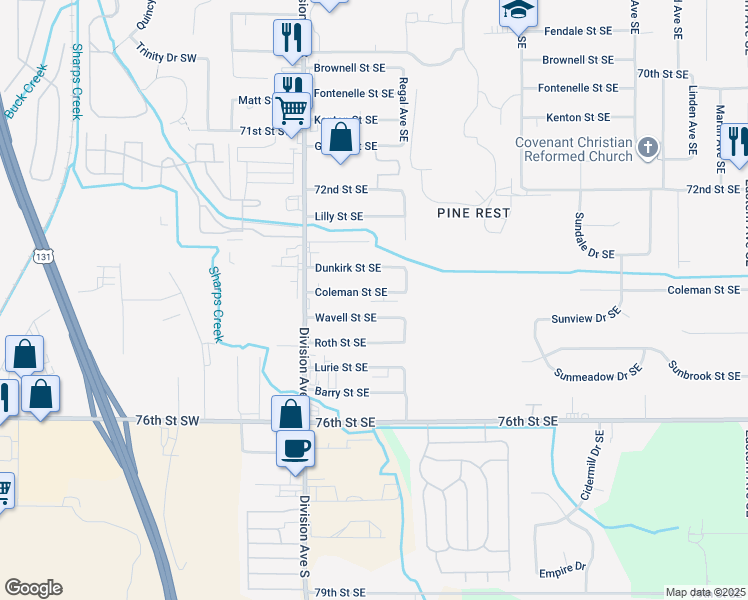 map of restaurants, bars, coffee shops, grocery stores, and more near 129 Wavell Street Southeast in Grand Rapids