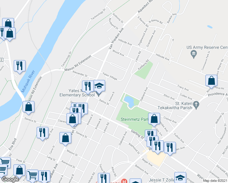 map of restaurants, bars, coffee shops, grocery stores, and more near 2186 Avenue B in Schenectady