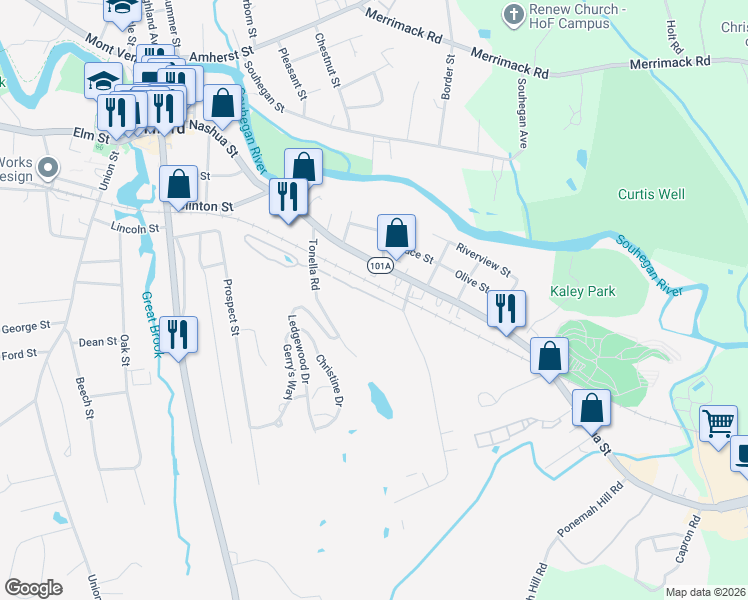 map of restaurants, bars, coffee shops, grocery stores, and more near 95 Powers Street in Milford