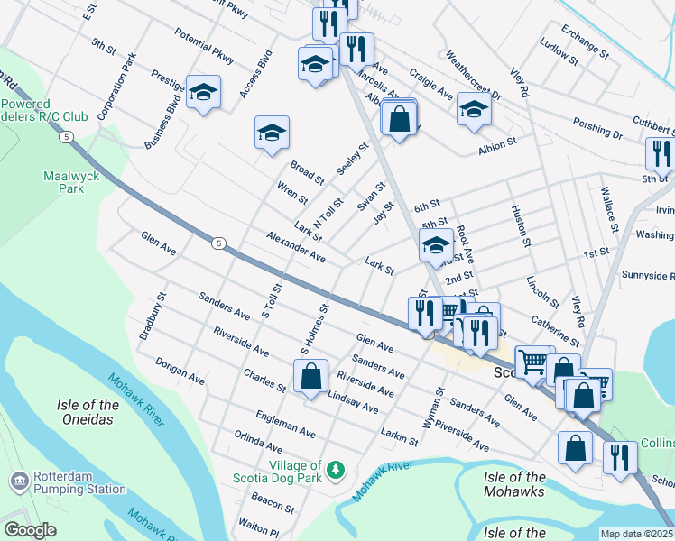 map of restaurants, bars, coffee shops, grocery stores, and more near 7 North Holmes Street in Scotia