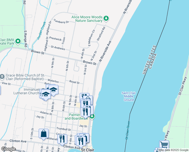 map of restaurants, bars, coffee shops, grocery stores, and more near 579 North Riverside Avenue in Saint Clair